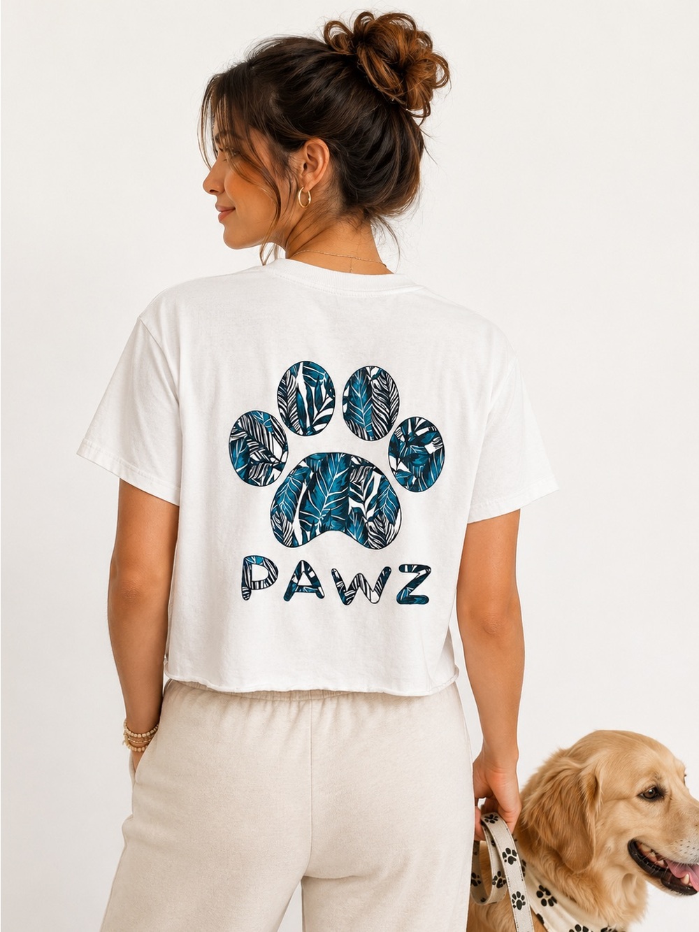 PAWZ L Cotton White Teal Navy Paw classic crewneck short-sleeve tee dog lover
